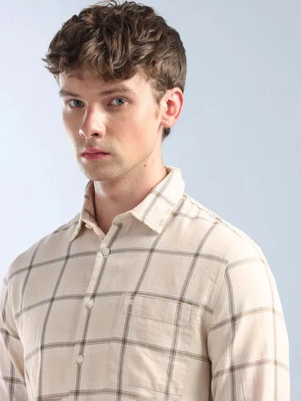 FLYING MACHINE cream checkered casual shirt