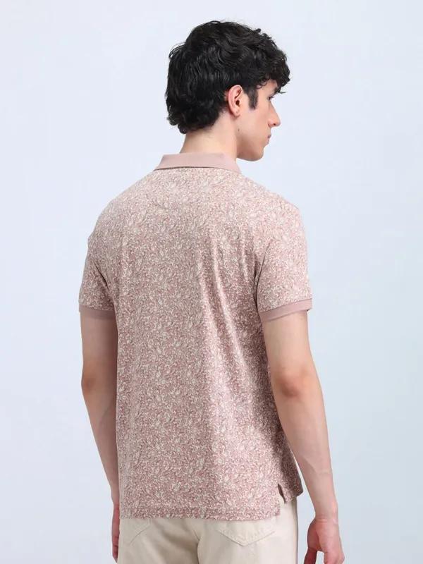FLYING MACHINE cream printed cotton polo t-shirt