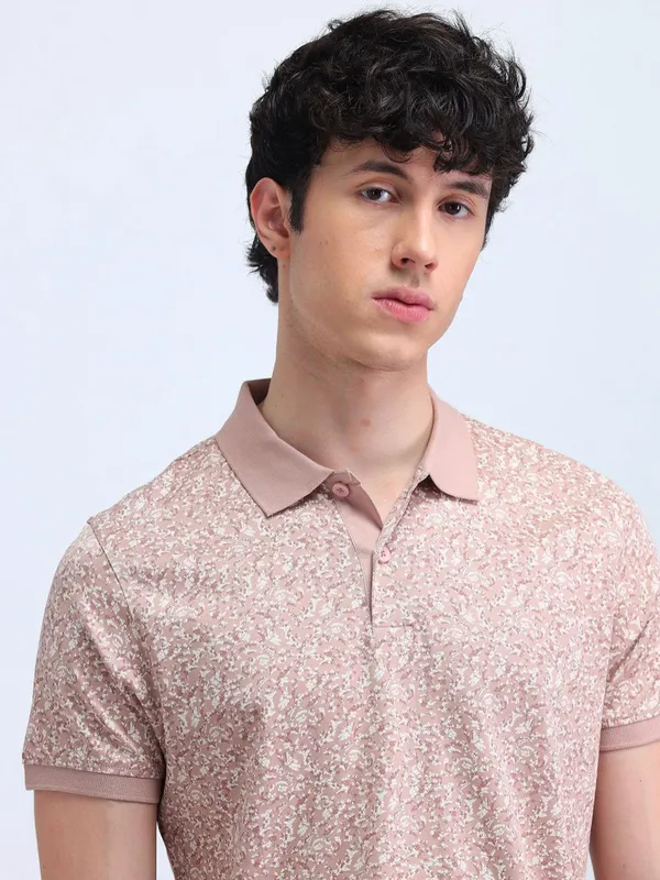 FLYING MACHINE cream printed cotton polo t-shirt