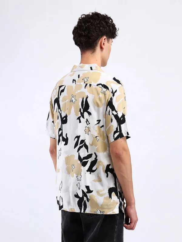 FLYING MACHINE cream printed cotton shirt