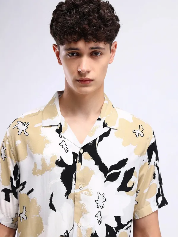 FLYING MACHINE cream printed cotton shirt