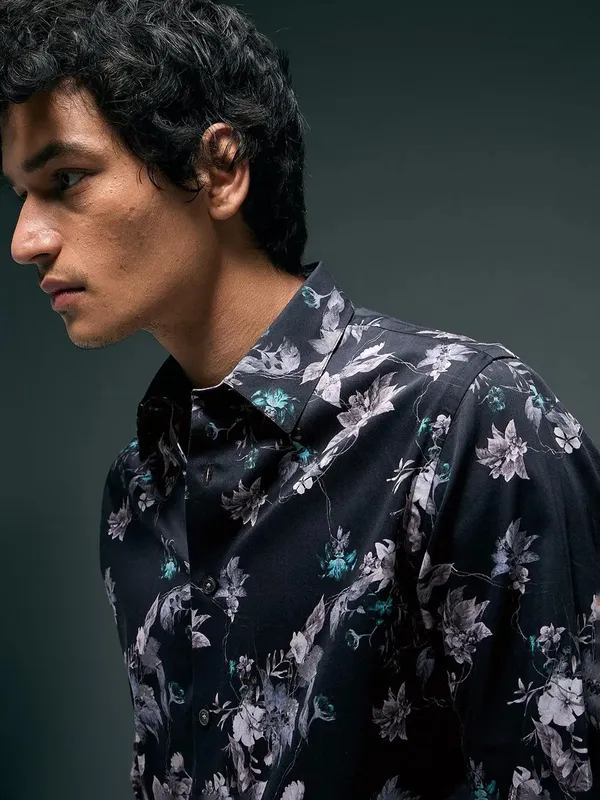 FLYING MACHINE floral printed black cotton casual shirt