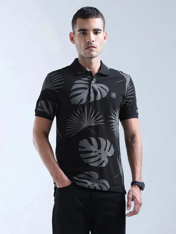 FLYING MACHINE floral printed black mens polo t-shirt