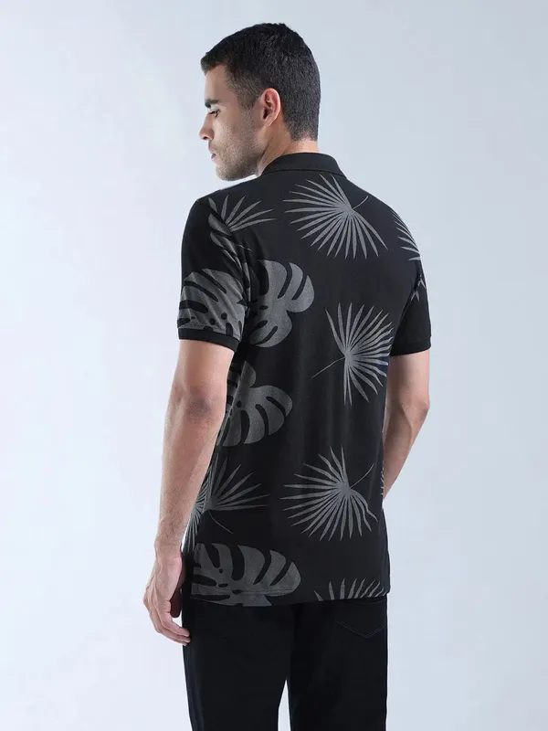 FLYING MACHINE floral printed black mens polo t-shirt