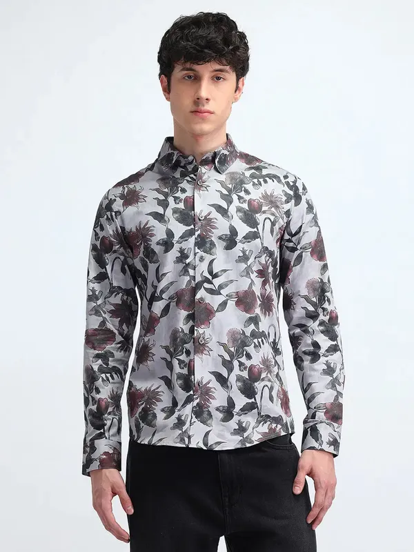 FLYING MACHINE floral printed cotton grey shirt
