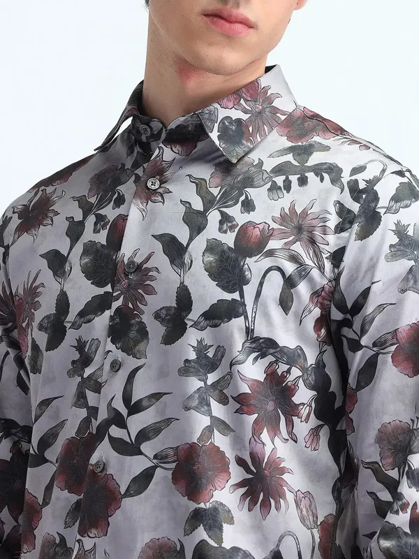 FLYING MACHINE floral printed cotton grey shirt