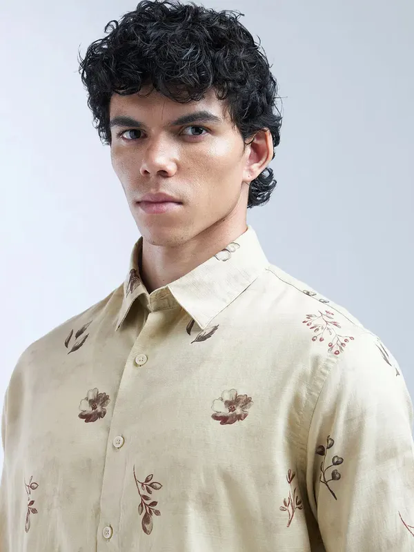 FLYING MACHINE khakhi printed slim fit shirt