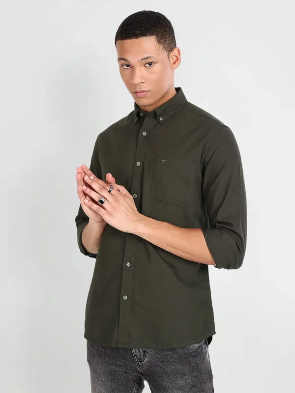 Flying Machine military green plain shirt
