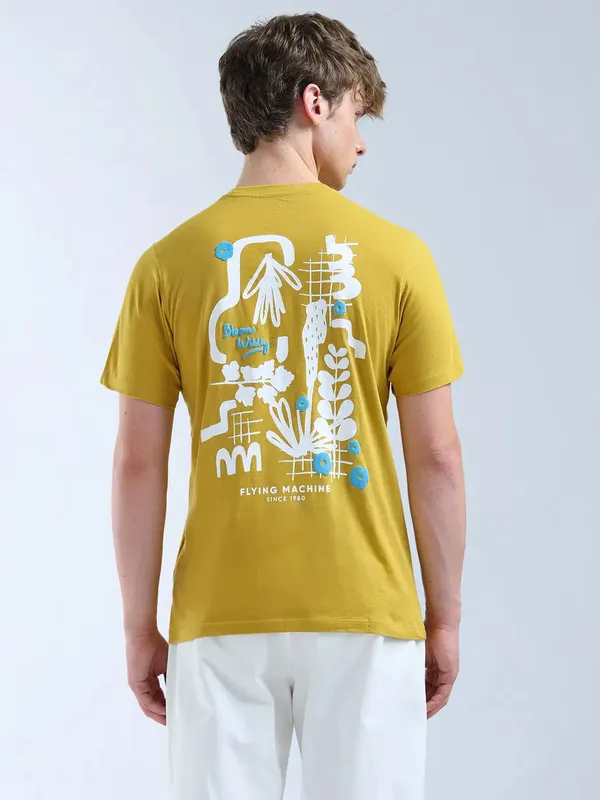 FLYING MACHINE mustard yellow printed slim fit t-shirt
