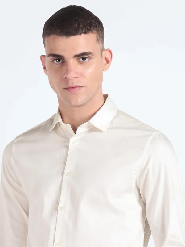 Flying Machine off white cotton plain shirt