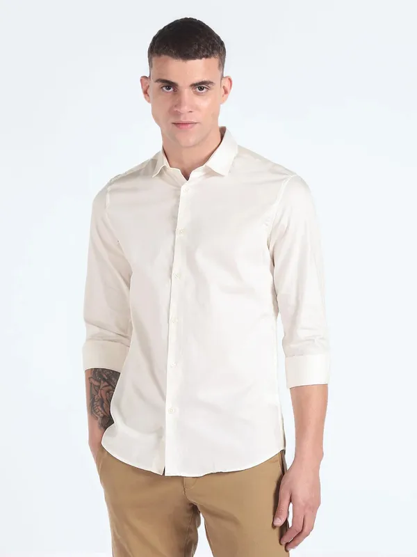 Flying Machine off white cotton plain shirt