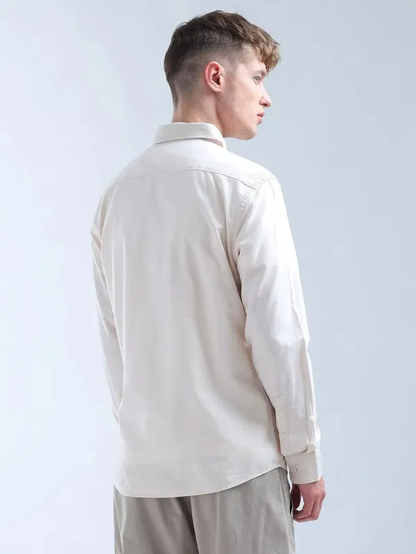 FLYING MACHINE plain beige cotton slim fit shirt