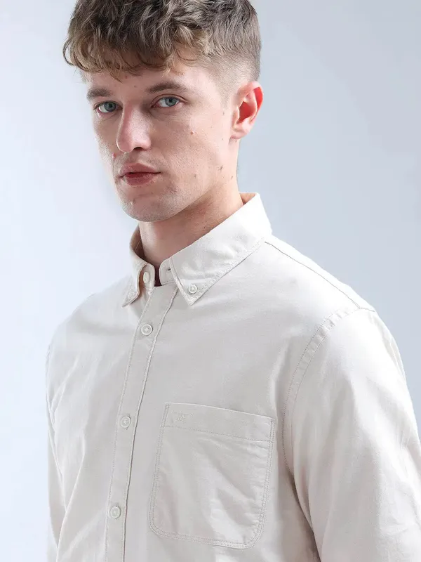 FLYING MACHINE plain beige cotton slim fit shirt