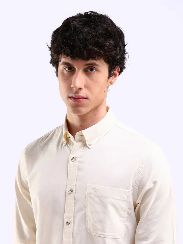 FLYING MACHINE plain cream cotton shirt
