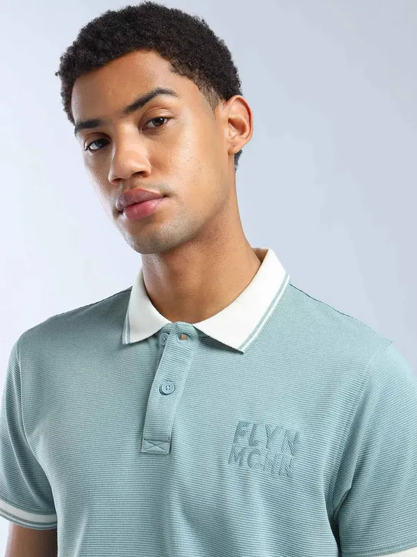 FLYING MACHINE polo neck aqua blue t-shirt