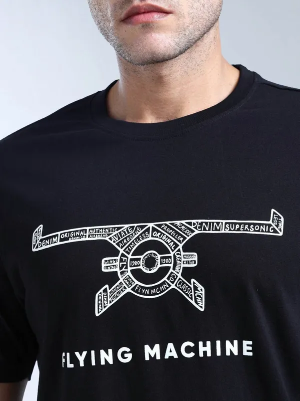 FLYING MACHINE printed black cotton slim fit t-shirt