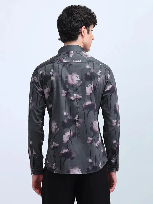 FLYING MACHINE printed dark grey cotton shirt