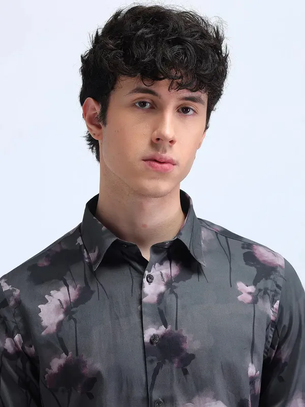 FLYING MACHINE printed dark grey cotton shirt