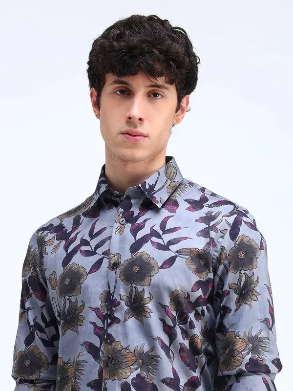 FLYING MACHINE printed sky blue cotton shirt
