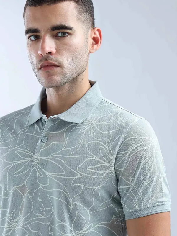 FLYING MACHINE printed stone blue mens polo t-shirt