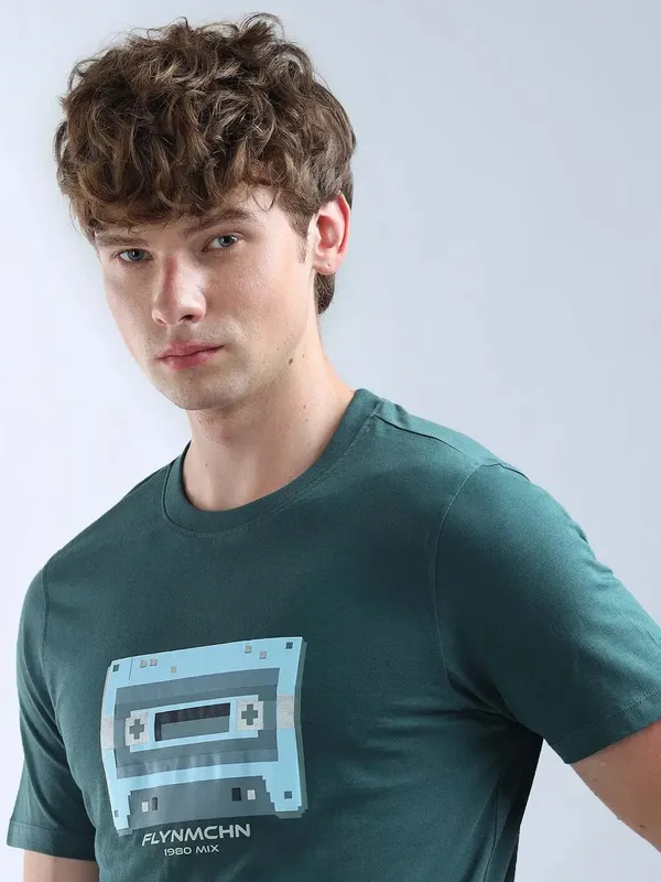 FLYING MACHINE rama green printed cotton t-shirt
