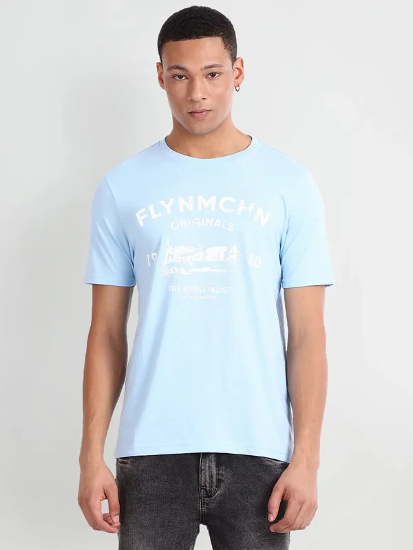 Flying Machine sky blue printed t shirt