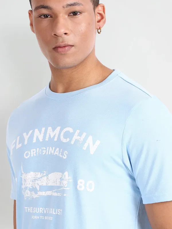 Flying Machine sky blue printed t shirt