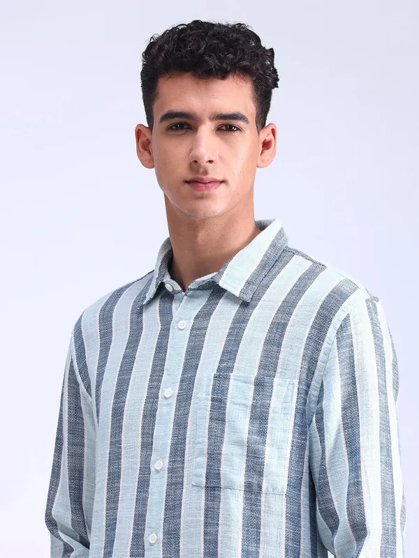 FLYING MACHINE sky blue stripe cotton slim fit shirt