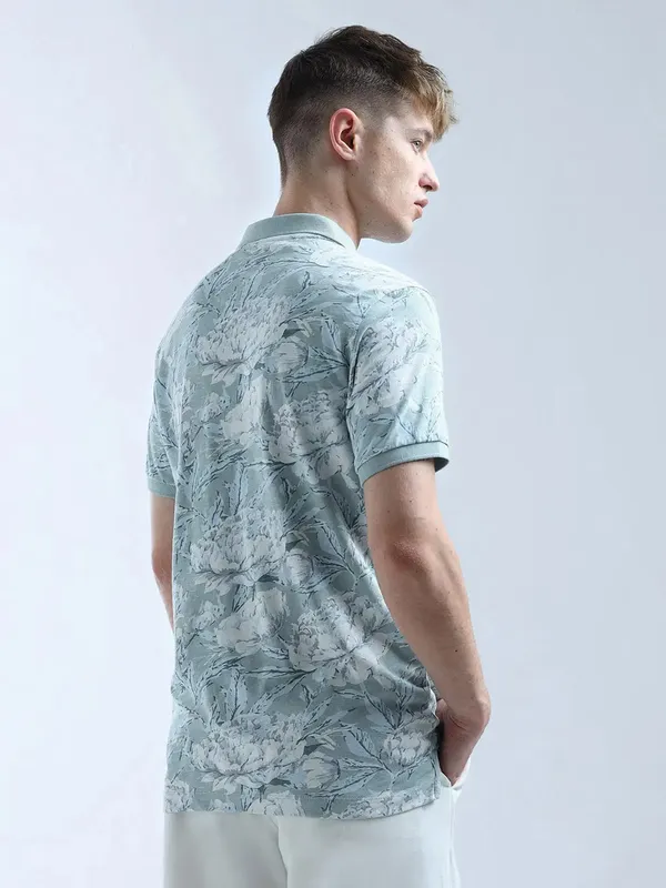 FLYING MACHINE stone blue floral printed polo t-shirt