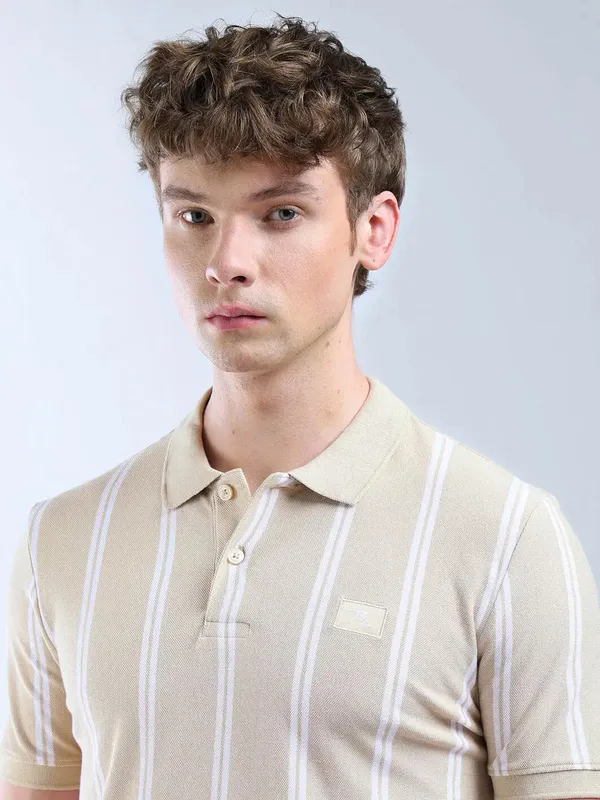 FLYING MACHINE striped beige cotton polo t-shirt
