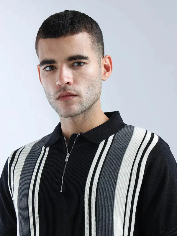 FLYING MACHINE striped cotton zipper polo t-shirt