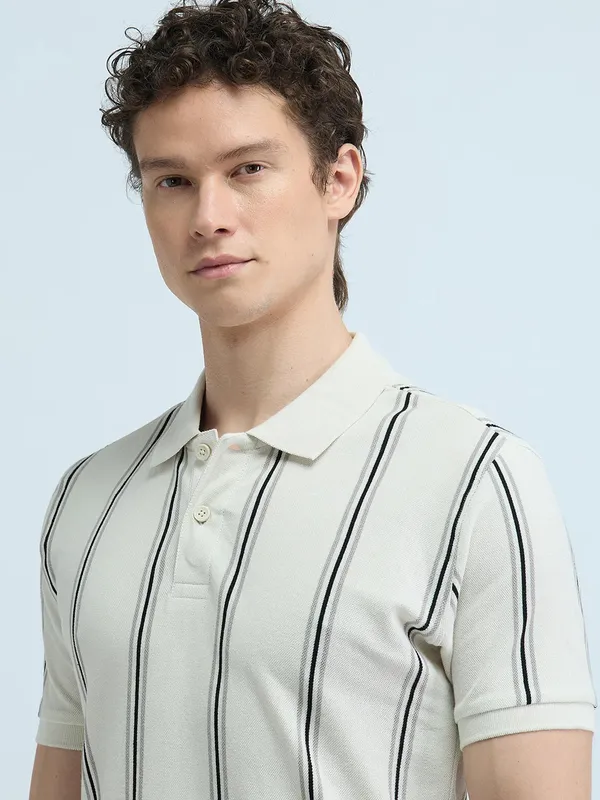 FLYING MACHINE striped cream cotton t-shirt