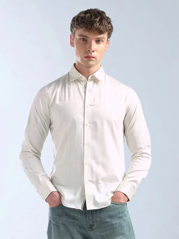 FLYING MACHINE striped cream slim fit casual shirt
