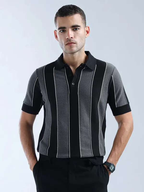 FLYING MACHINE striped grey slim fit polo t-shirt