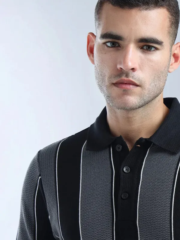 FLYING MACHINE striped grey slim fit polo t-shirt