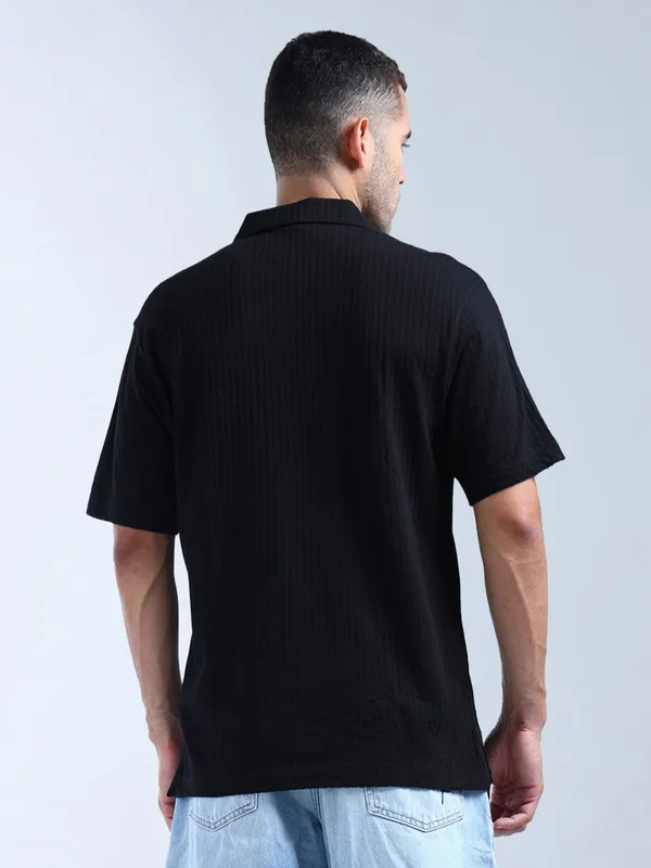 FLYING MACHINE textured black slim fit polo t-shirt
