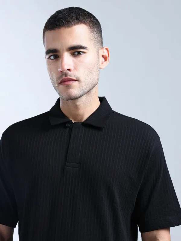 FLYING MACHINE textured black slim fit polo t-shirt