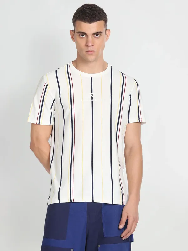 Flying Machine white stripe cotton t shirt