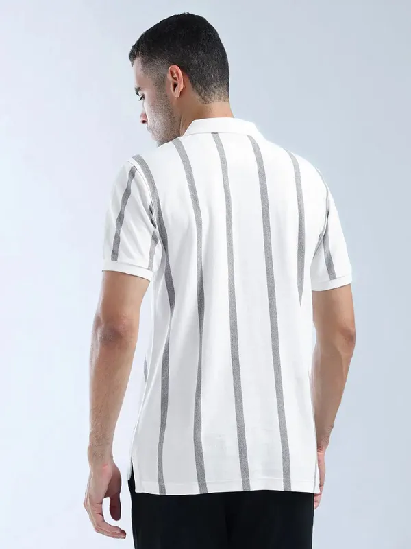 FLYING MACHINE white striped zipper polo t-shirt