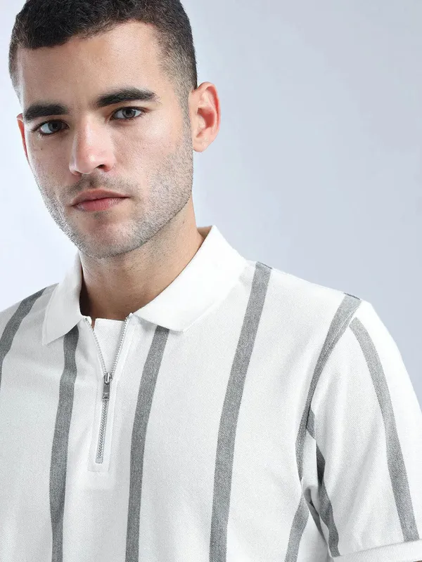 FLYING MACHINE white striped zipper polo t-shirt