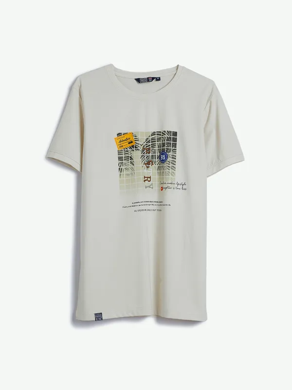 Freeze beige cotton printed t shirt