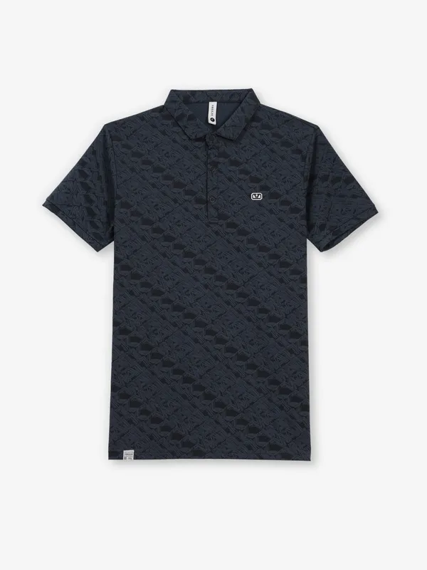 FREEZE dark blue printed slim fit polo t-shirt