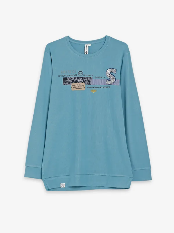 Freeze sky blue cotton printed t shirt