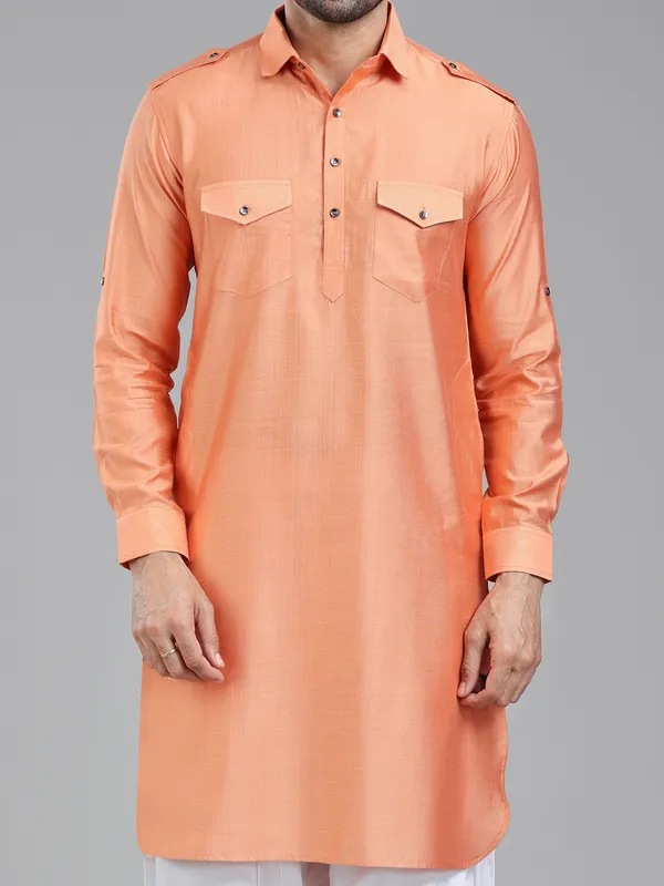 Freshy salmon peach pathani kurta for men