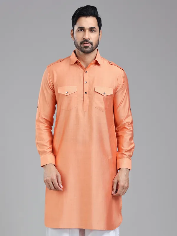 Freshy salmon peach pathani kurta for men