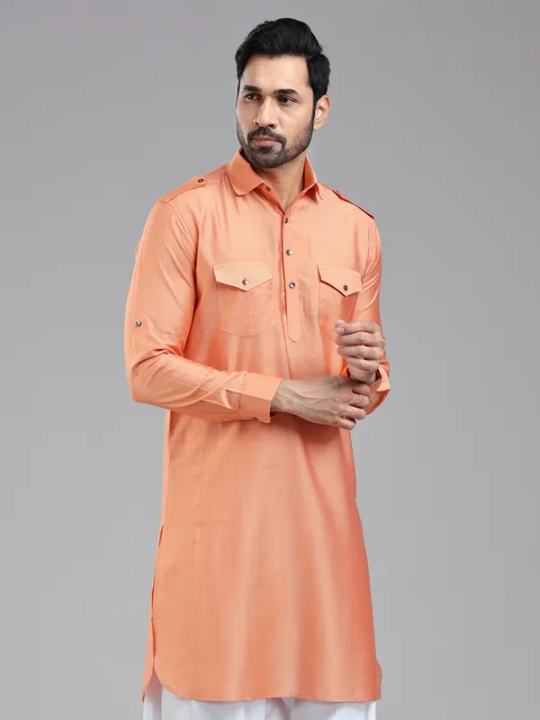 Freshy salmon peach pathani kurta for men