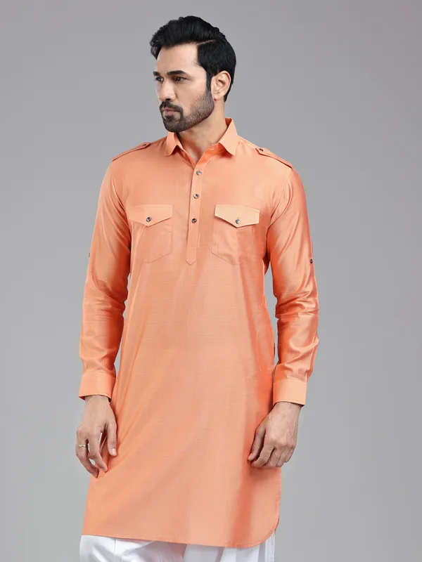 Freshy salmon peach pathani kurta for men