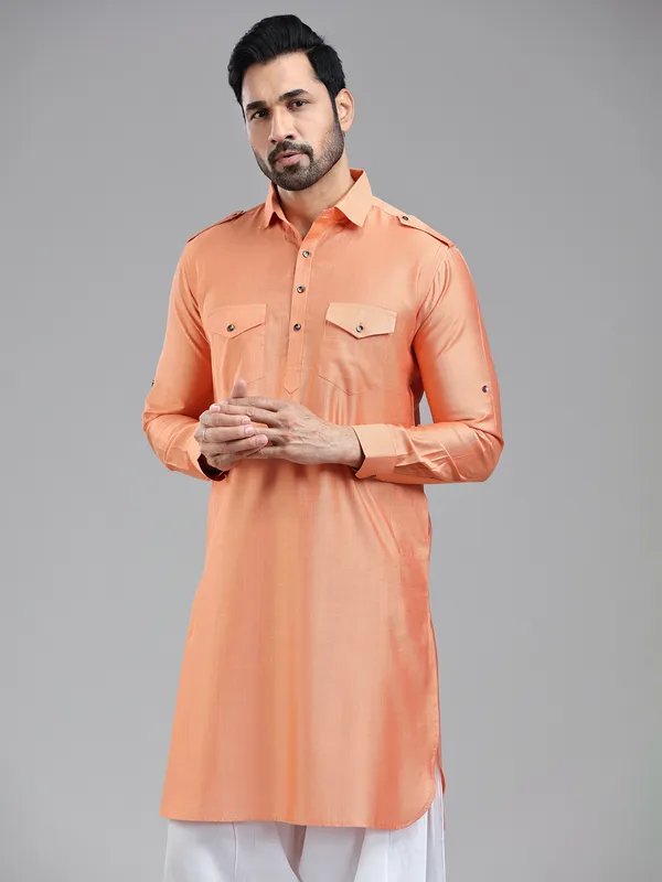 Freshy salmon peach pathani kurta for men