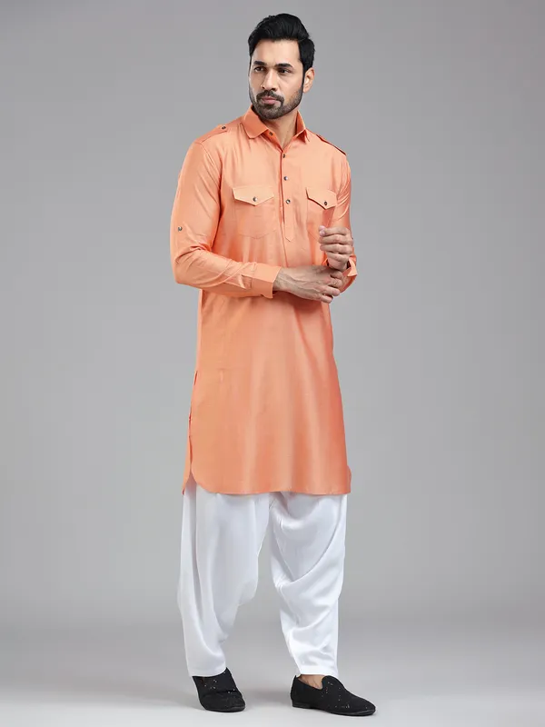 Freshy salmon peach pathani suit for men