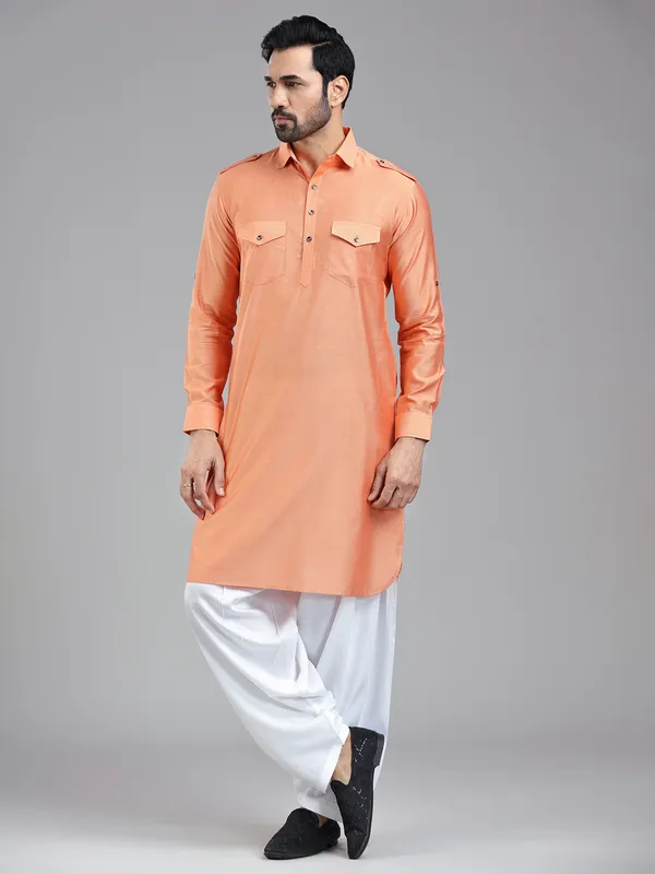 Freshy salmon peach pathani suit for men